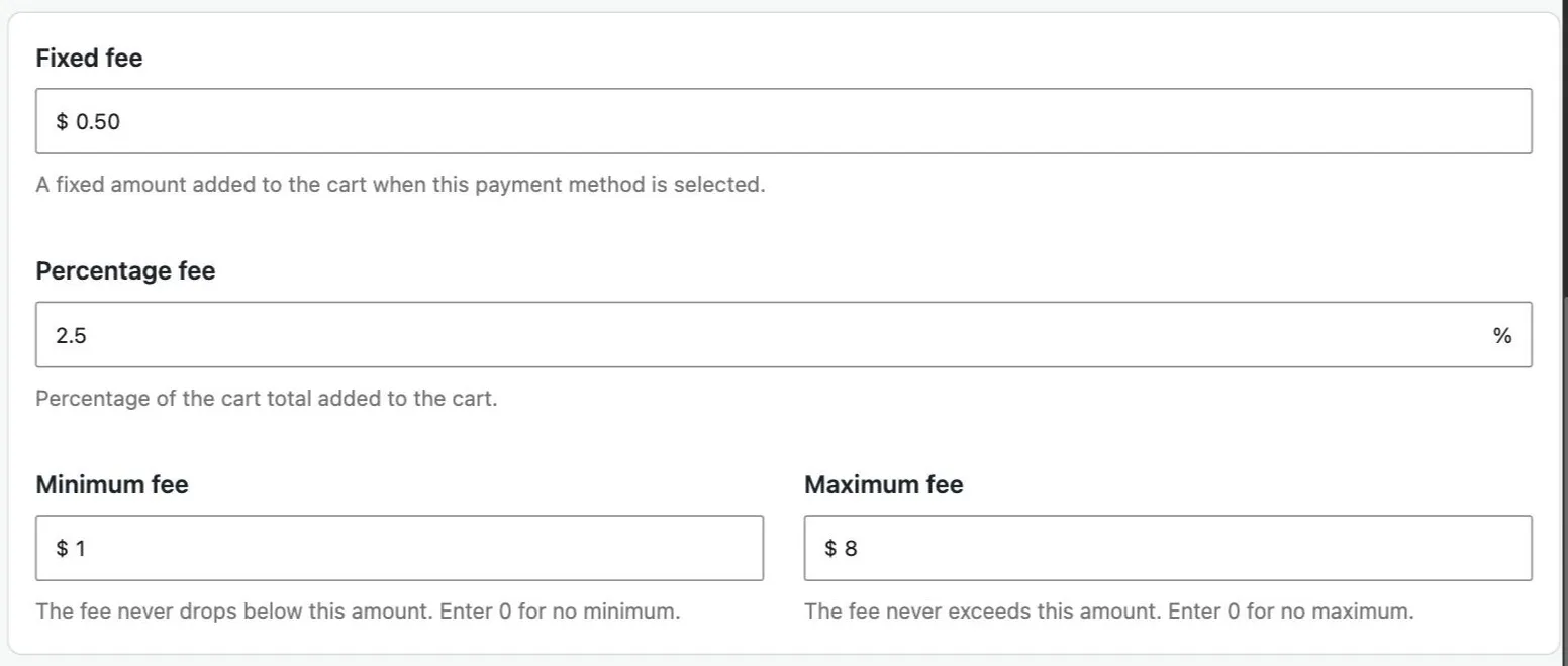 Four fields on a payment method: Fixed fee $0.50, Percentage fee 2.5%, Minimum fee $1 and Maximum fee $8.
